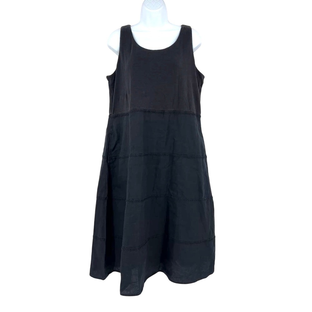 J. Jill Linen Midi‎ Dress Womens Medium Black Mixed Media Tiered Sleeveless